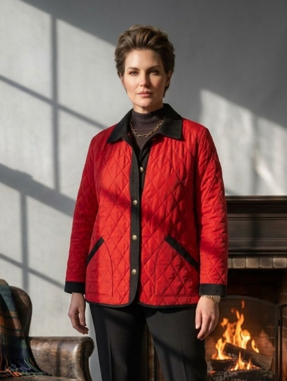 Bob Mackie Diamond Quilted Barn Jacket Contrast Trim Snap Front Red Black Size M